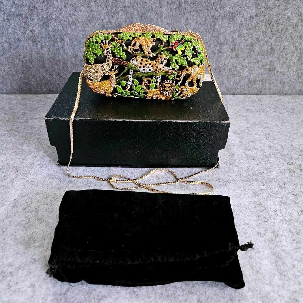 LUX MOB Crystal Enamel Jungle Safari Animal Evening Clutch Bag Lion Leopard Box